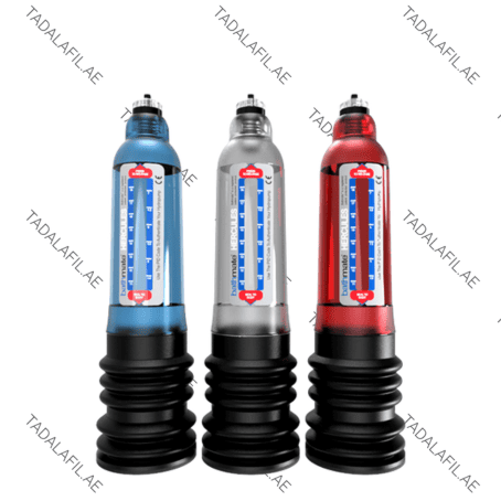 Bathmate Hercules Men Pump devices in blue, silver, and red on white background