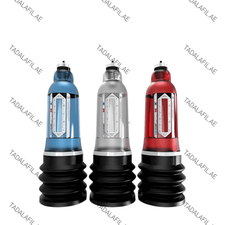Three vacuum therapy pump devices in blue, silver, and red colors with accordion-style bases for enhanced pressure control.
