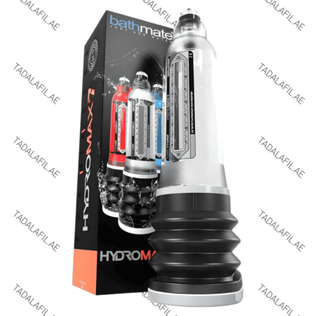 A silver Bathmate Hydromax vacuum pump with ribbed base shown in front of its branded packaging box featuring multiple color variants.