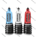 Three male enhancement pump devices in blue, silver, and red colors displayed on a white background.
