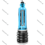 Blue male enhancement pump device with black base isolated on a white background.
