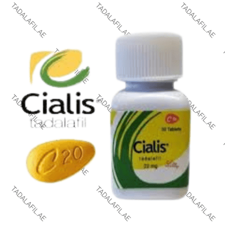 Cialis 20mg tadalafil tablet bottle and yellow tablet on white background