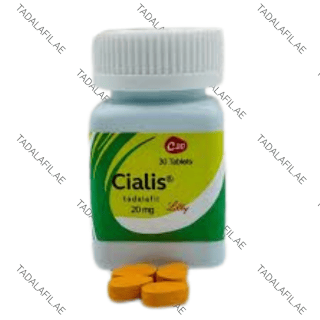 Cialis 20mg tadalafil bottle and yellow tablets on white background
