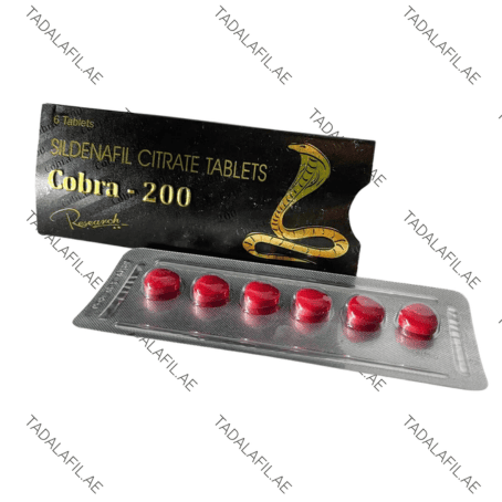 Cobra 200mg Sildenafil Citrate tablets and blister pack on white background