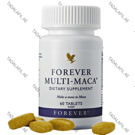 Forever Multi Maca supplement bottle and tablets on white background