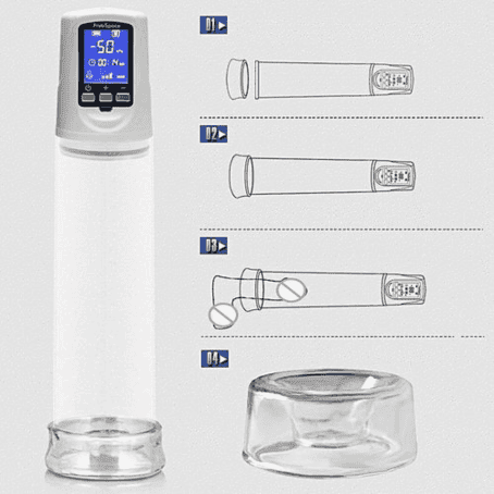 Free Space Rechargeable Penis Pump II device with accessory guide on white background