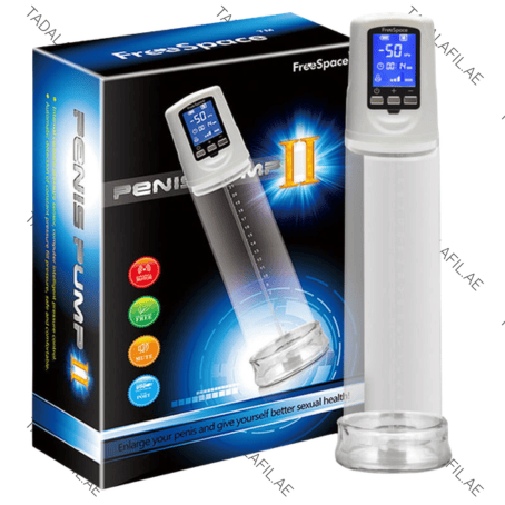 Free Space Rechargeable Penis Pump II device and packaging on white background