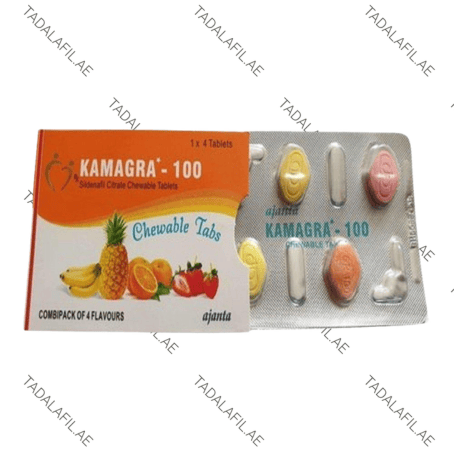Kamagra 100mg Chewable Tablet pack with flavored chewable tablets blister