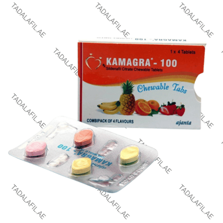 Kamagra 100mg Chewable Tablet blister pack with fruit flavor retail packaging