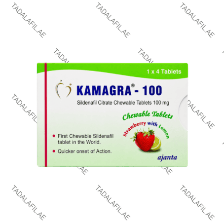 Kamagra Chewable Tablets 100mg strawberry and lemon flavored tablet packaging