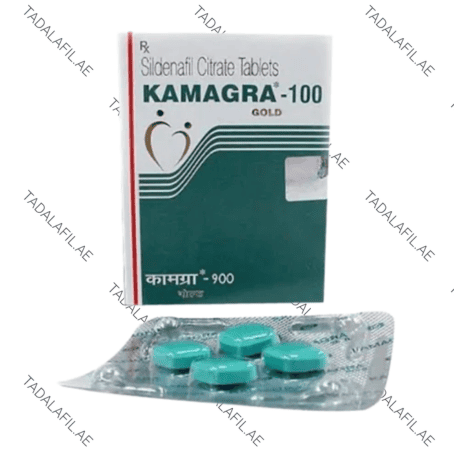 Kamagra Gold 100mg blister pack and packaging box on white background