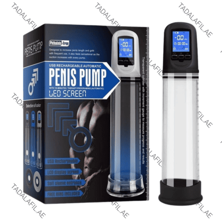 LED Rechargeable Penis Pump with LCD display and packaging on white background
