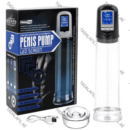 LED Rechargeable Penis Pump with LCD screen, accessories, and packaging on white background