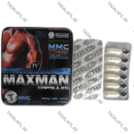 MaxMan XI Capsules tin packaging and capsule blister pack on white background