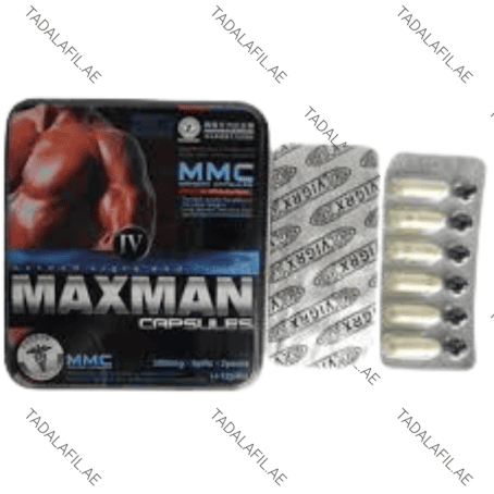 MaxMan XI Capsules tin packaging and capsule blister pack on white background