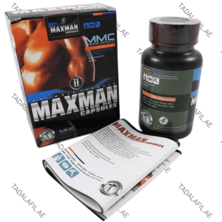 Maxman Penis Enlargement Capsules bottle, packaging box, and booklet on white background