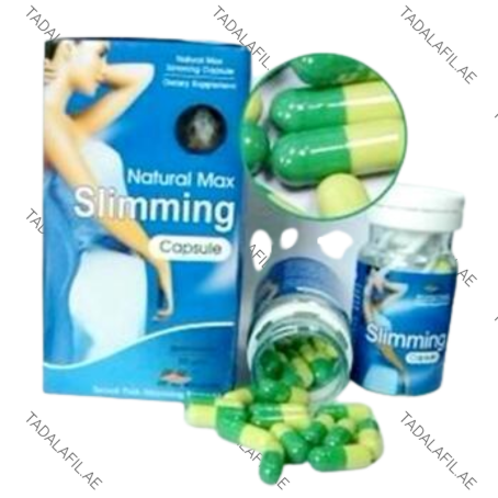 Natural Max Slimming Capsule bottle, packaging, and green capsules on white background