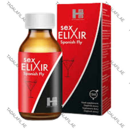 Sex Elixir Spanish Fly bottle and packaging box on white background