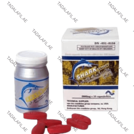 Shark Extract Enhancement Pills bottle, box, and red tablets on white background