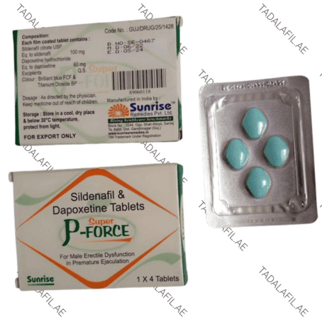Super P Force sildenafil and dapoxetine tablets blister pack and packaging on white background