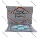 Super P Force sildenafil and dapoxetine tablets blister pack and box on white background
