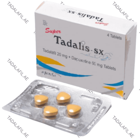 Super Tadalis SX tablets blister pack and packaging box on white background