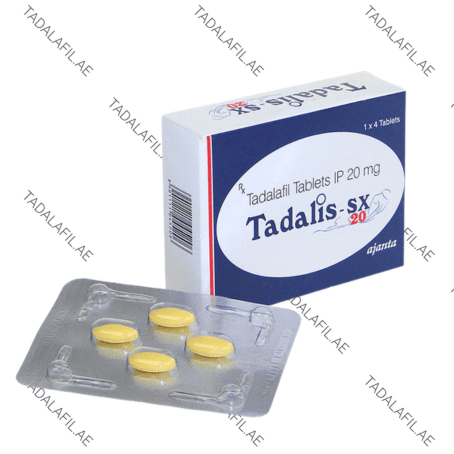 Tadalis SX 20mg tadalafil tablets blister pack and packaging box on white background