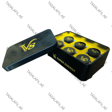 V8 Super Energy Pills tin box with capsule containers on white background