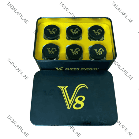 V8 Super Energy Pills container set and tin packaging on white background