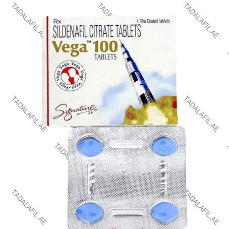 Vega 100 Sildenafil Citrate tablets blister pack and product box on white background