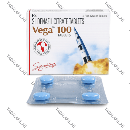 Vega 100 Sildenafil Citrate tablets blister pack and packaging box on white background