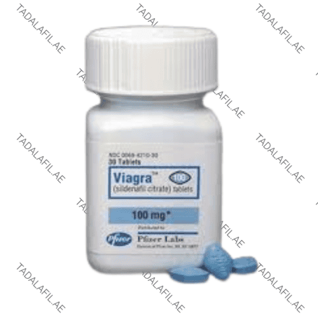 Viagra 100mg supplement bottle and blue tablets on white background