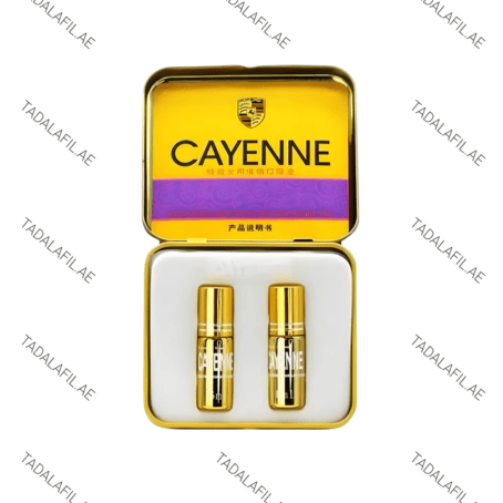 Cayenne female arousal drops two bottles inside metal case on white background
