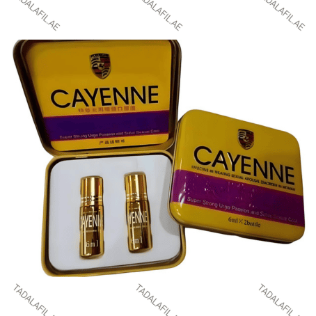 Cayenne female arousal drops 6ml two bottle set with open metal case on white background