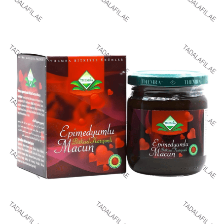 Epimedyumlu Turkish Honey herbal paste jar and box packaging with red heart graphics and traditional Turkish macun branding.