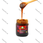 Epimedyumlu Turkish Honey paste jar with dripping herbal macun on spoon and premium Turkish honey packaging design.