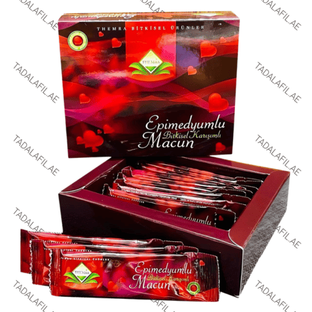 Epimedyumlu Turkish Honey herbal paste box with red sachets, heart-themed packaging, and traditional Turkish macun branding.