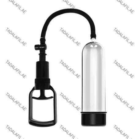 Manual vacuum therapy pump featuring a transparent cylindrical chamber, black hand-operated suction handle, and flexible connecting hose.