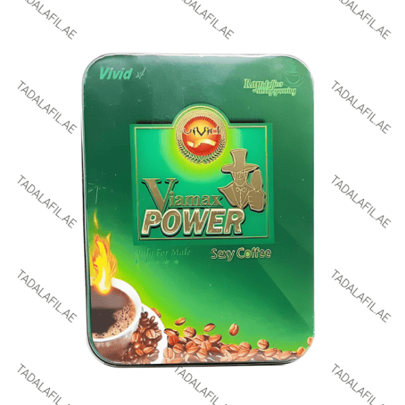 Viamax Power Sexy Coffee tin packaging in green design with coffee cup graphic, coffee beans, and premium male branding.