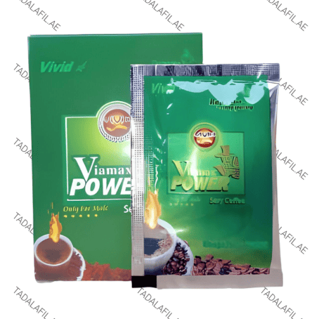 Viamax Power Sexy Coffee sachet and green box packaging with coffee cup image and herbal coffee branding for men.