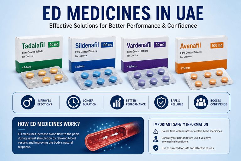 ED medicines in UAE including tadalafil, sildenafil, vardenafil, and avanafil.