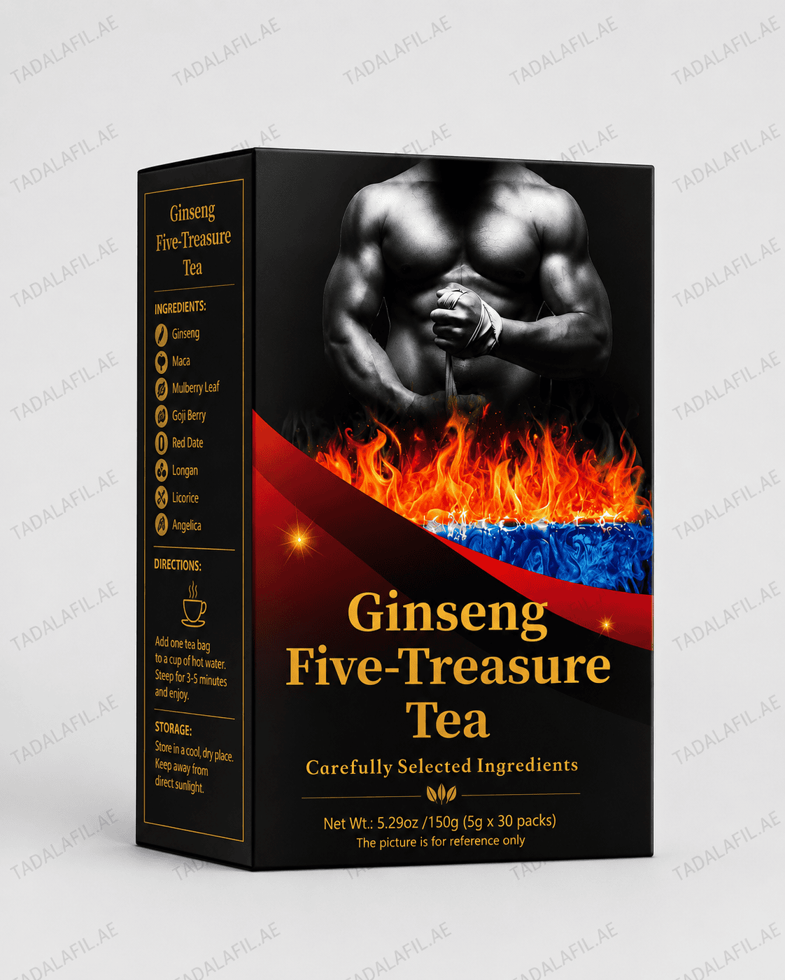 Ginseng Five-Treasure Tea UAE – Herbal Tea Ginseng Five-Treasure Tea box with herbal ingredients and product information.