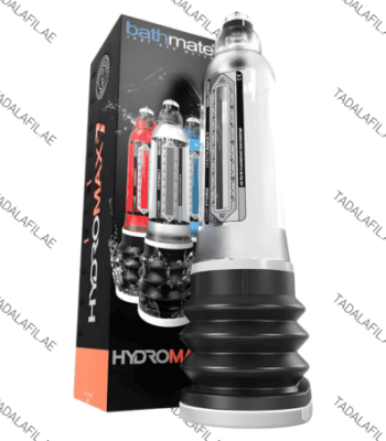 A silver Bathmate Hydromax vacuum pump with ribbed base shown in front of its branded packaging box featuring multiple color variants.