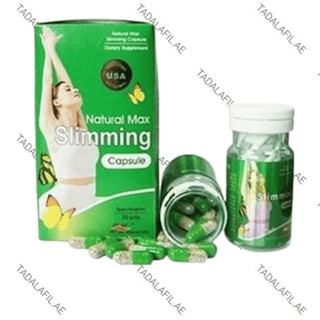 Natural Max Slimming Capsule bottle, packaging, and green capsules on white background
