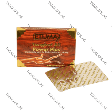 Tongkat Ali Power Plus capsule packaging and blister pack on white background