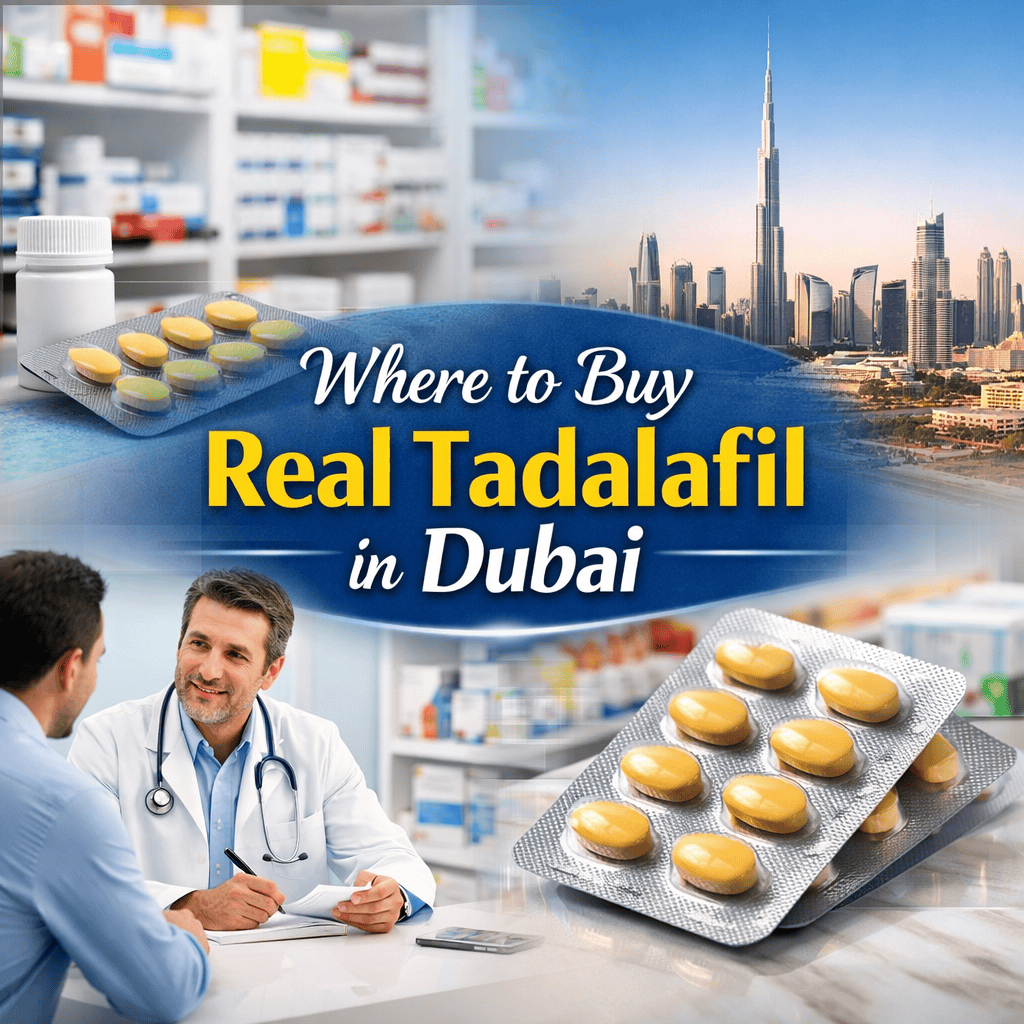 Digital pharmacy advertisement showing tadalafil tablets, doctor consultation, medicine blister packs, and Dubai skyline with bold text “Where to Buy Real Tadalafil in Dubai”.